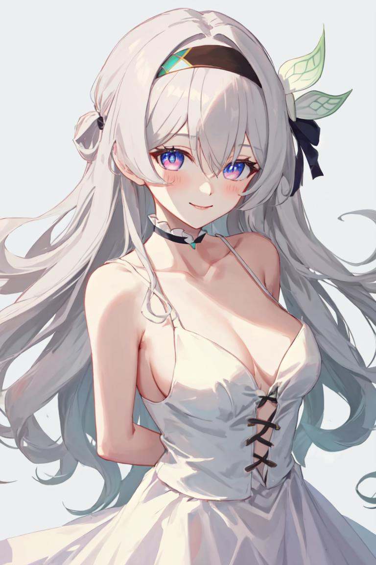 best quality, masterpiece, highres, <lora:fireflysd15:1>firefly \(honkai: star rail\), 1girl, solo, long hair, smile, looking at viewer, cleavage, white dress, purple eyes, simple background, white background, blush, grey hair, medium breasts, spaghetti strap, bangs, arms behind back, sleeveless dress, bare shoulders, closed mouth, collarbone, black hairband, hair between eyes, white choker, blue eyes, artist name