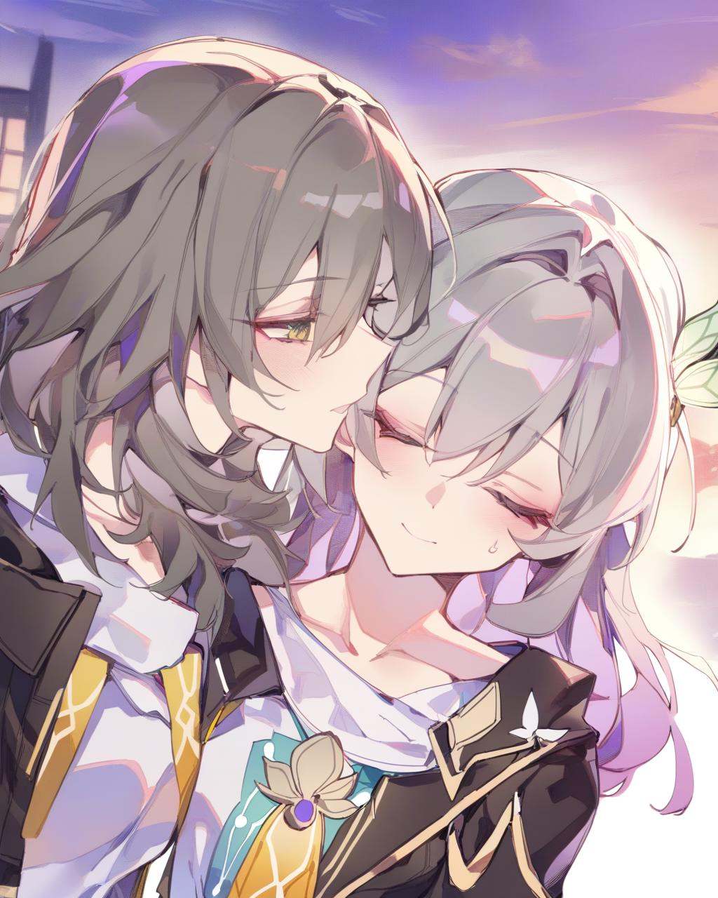 masterpiece,best quality,<lora:firefly_new:1>,2girls, multiple girls, cocoballking, outdoors, upper body, grey hair, long hair, shirt, absurdres, closed eyes, commentary, firefly \(honkai: star rail\), grey eyes, head tilt, highres, honkai: star rail, honkai \(series\), stelle \(honkai: star rail\), trailblazer \(honkai: star rail\), white shirt, yuri