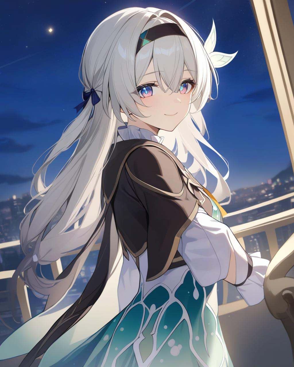 masterpiece,best quality,<lora:firefly_new:1>,firefly \(honkai: star rail\), 1girl, solo, sky, star_\(sky\), looking_at_viewer, smile, long_hair, starry_sky, blue_eyes, bangs, night, hairband, night_sky, closed_mouth, white_hair, long_sleeves, black_hairband, wing_hair_ornament, hair_ornament, dress, hair_between_eyes