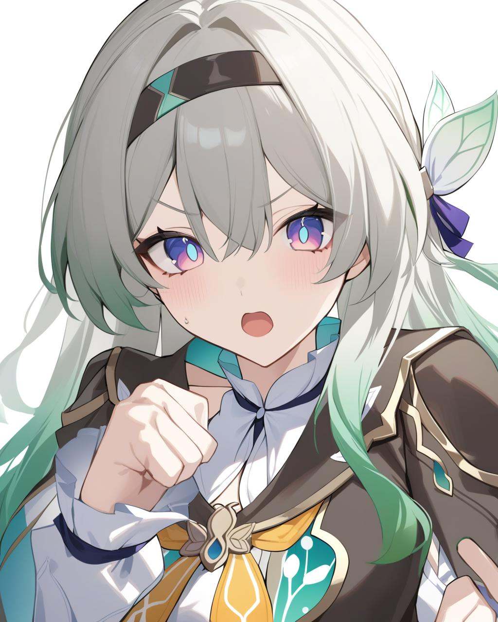 masterpiece,best quality,<lora:firefly_new:1>,firefly \(honkai: star rail\), 1girl, solo, virtual_youtuber, clenched_hand, long_hair, multicolored_hair, purple_eyes, grey_hair, open_mouth, white_background, jacket, black_hairband, v-shaped_eyebrows, hairband, gradient_hair, looking_at_viewer, green_hair, neckerchief, bangs
