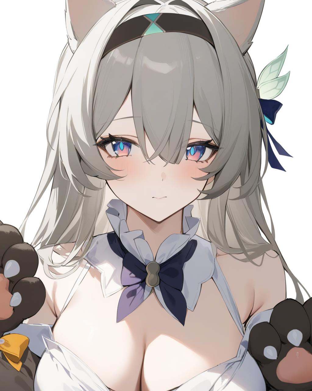 masterpiece,best quality,<lora:firefly_new:1>,firefly \(honkai: star rail\), 1girl, solo, animal_ears, breasts, gloves, bell, cat_ears, animal_hands, hairband, cleavage, looking_at_viewer, bow, white_background, long_hair, black_hairband, bowtie, simple_background, neck_bell, upper_body, blue_eyes, jingle_bell, bangs, paw_gloves, closed_mouth, bare_shoulders, grey_hair, virtual_youtuber, hair_between_eyes
