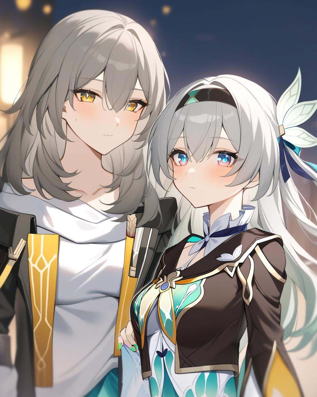 masterpiece,best quality,<lora:firefly_new:1>,2girls,multiple girls,upper body,blush,black hairband,grey hair,long hair,medium hair,hairband,medium breasts,breasts,collarbone,coat,dress,gloves,shirt,absurdres,black coat,black gloves,blurry,blurry background,closed mouth,eamut1,firefly \(honkai: star rail\),green nails,highres,honkai: star rail,honkai \(series\),long sleeves,looking at viewer,multicolored clothes,multicolored dress,multicolored eyes,stelle \(honkai: star rail\),trailblazer \(honkai: star rail\),white shirt,yellow eyes,