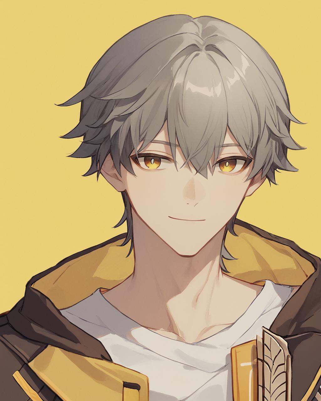 score_9, score_8_up, score_7_up, score_6_up ,<lora:firefly_pony:1>,1boy, solo, smile, grey hair, short hair, gloves, jacket, shirt, ribbon, black jacket, caelus \(honkai: star rail\), closed mouth, highres, honkai: star rail, honkai \(series\), looking at viewer, male focus, multicolored clothes, multicolored jacket, trailblazer \(honkai: star rail\), white shirt, yellow background, yellow eyes, yellow jacket, yellow ribbon, zangyaacco