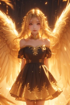  (\shen ming shao nv\), 1girl, long hair, dress, solo, wings, yellow theme, blonde hair, feathered wings, bare shoulders, arms behind back, facing viewer, glowing, light particles, floating hair, closed mouth, standing, bangs, off-shoulder dress, black dress, (\shen ming shao nv\)