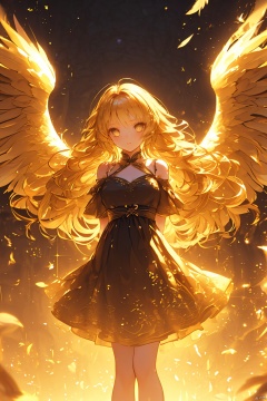  (\shen ming shao nv\), 1girl, long hair, dress, solo, wings, yellow theme, blonde hair, feathered wings, bare shoulders, arms behind back, facing viewer, glowing, light particles, floating hair, closed mouth, standing, bangs, off-shoulder dress, black dress, (\shen ming shao nv\)