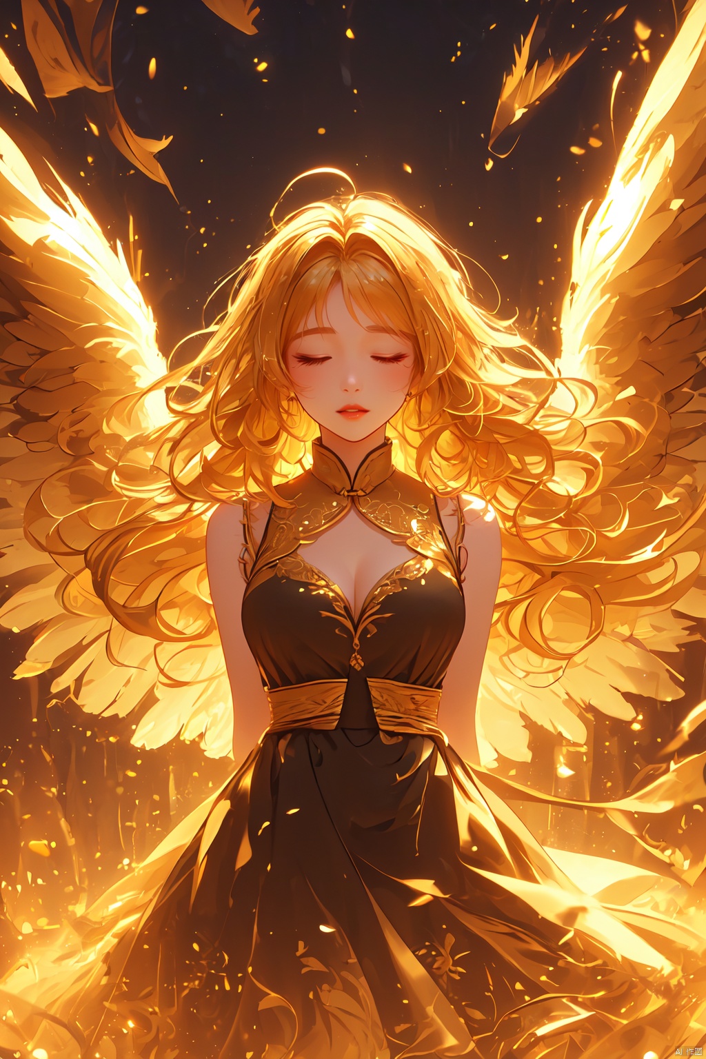 (\shen ming shao nv\), 1girl, solo, long hair, closed eyes, dress, wings, blonde hair, yellow theme, arms behind back, facing viewer, black dress, breasts, bangs, feathered wings, floating hair, sleeveless, parted lips