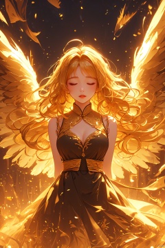 (\shen ming shao nv\), 1girl, solo, long hair, closed eyes, dress, wings, blonde hair, yellow theme, arms behind back, facing viewer, black dress, breasts, bangs, feathered wings, floating hair, sleeveless, parted lips