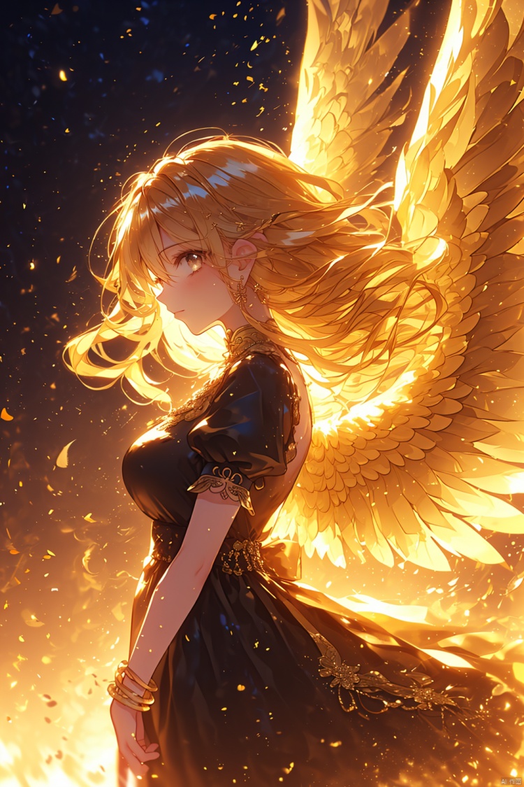 (\shen ming shao nv\), 1girl, solo, wings, long hair, dress, short sleeves, feathered wings, from side, breasts, looking at viewer, blonde hair, jewelry, bracelet, black dress, puffy sleeves, floating hair, puffy short sleeves, bangs, medium breasts, brown eyes, closed mouth, light particles, fire, backlighting