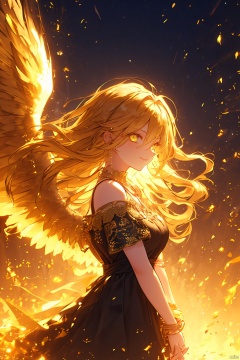 (\shen ming shao nv\), 1girl, solo, dress, wings, long hair, jewelry, blonde hair, looking at viewer, black dress, feathered wings, bracelet, bangs, closed mouth, from side, breasts, necklace, own hands together, short sleeves, floating hair, very long hair, fire, yellow theme, v arms, bare shoulders, light particles, yellow eyes, hair between eyes, smile