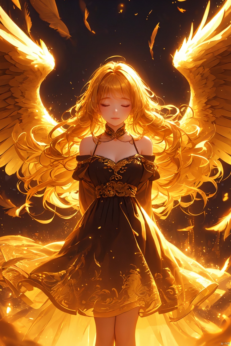 (\shen ming shao nv\), 1girl, long hair, closed eyes, dress, solo, wings, yellow theme, blonde hair, feathered wings, bare shoulders, arms behind back, facing viewer, glowing, light particles, floating hair, closed mouth, standing, bangs, off-shoulder dress, black dress, (\shen ming shao nv\)