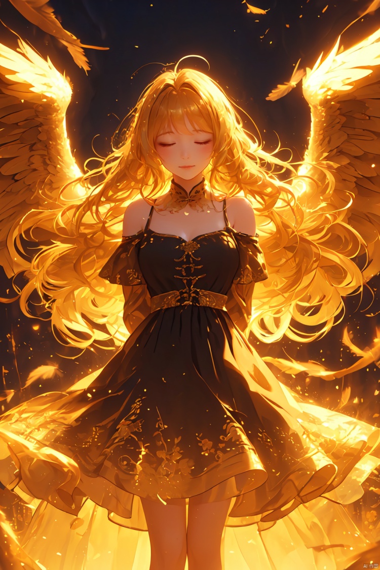 (\shen ming shao nv\), 1girl, long hair, closed eyes, dress, solo, wings, yellow theme, blonde hair, feathered wings, bare shoulders, arms behind back, facing viewer, glowing, light particles, floating hair, closed mouth, standing, bangs, off-shoulder dress, black dress, (\shen ming shao nv\)