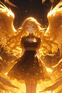 (\shen ming shao nv\), 1girl, solo, long hair, dress, wings, blonde hair, yellow theme, black dress, facing viewer, arms behind back, feathered wings, short sleeves, light particles, very long hair, bangs, standing, smile, floating hair