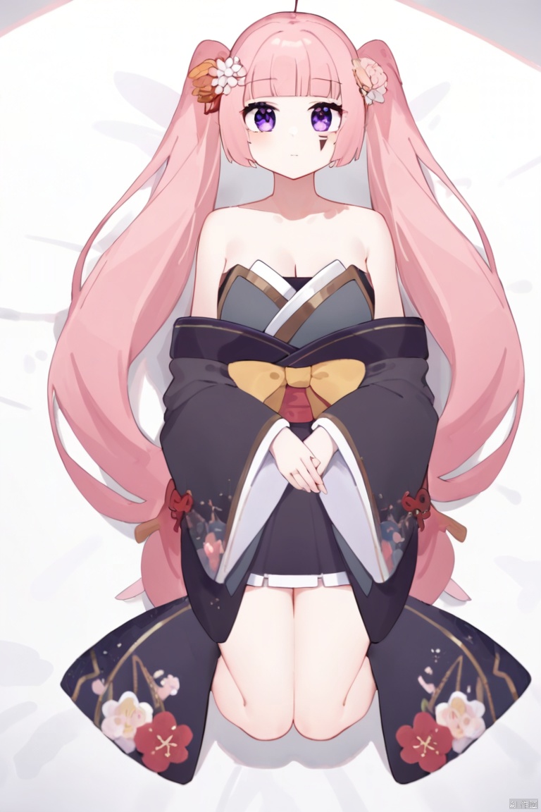  1girl,

wgyy, QTONAGI, migolu,

solo, kimono costume, pink hair, purple eyes, very long twintails, bare shoulders, cleavage, hair flower, focus on face, depth of field, full body, lying on bed, from above

masterpiece, newest, recent, wgyy