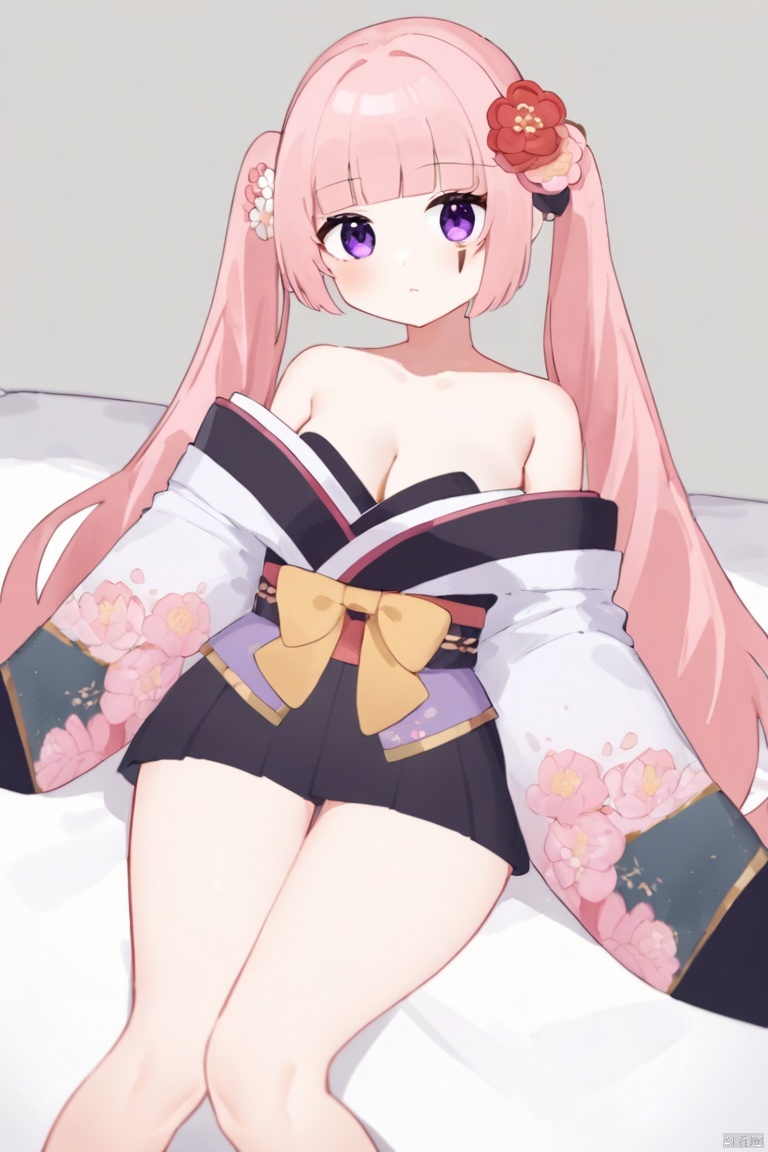  1girl,

wgyy, QTONAGI, migolu,

solo, kimono costume, pink hair, purple eyes, very long twintails, bare shoulders, cleavage, hair flower, focus on face, depth of field, full body, lying on bed, from above

masterpiece, newest, recent, wgyy