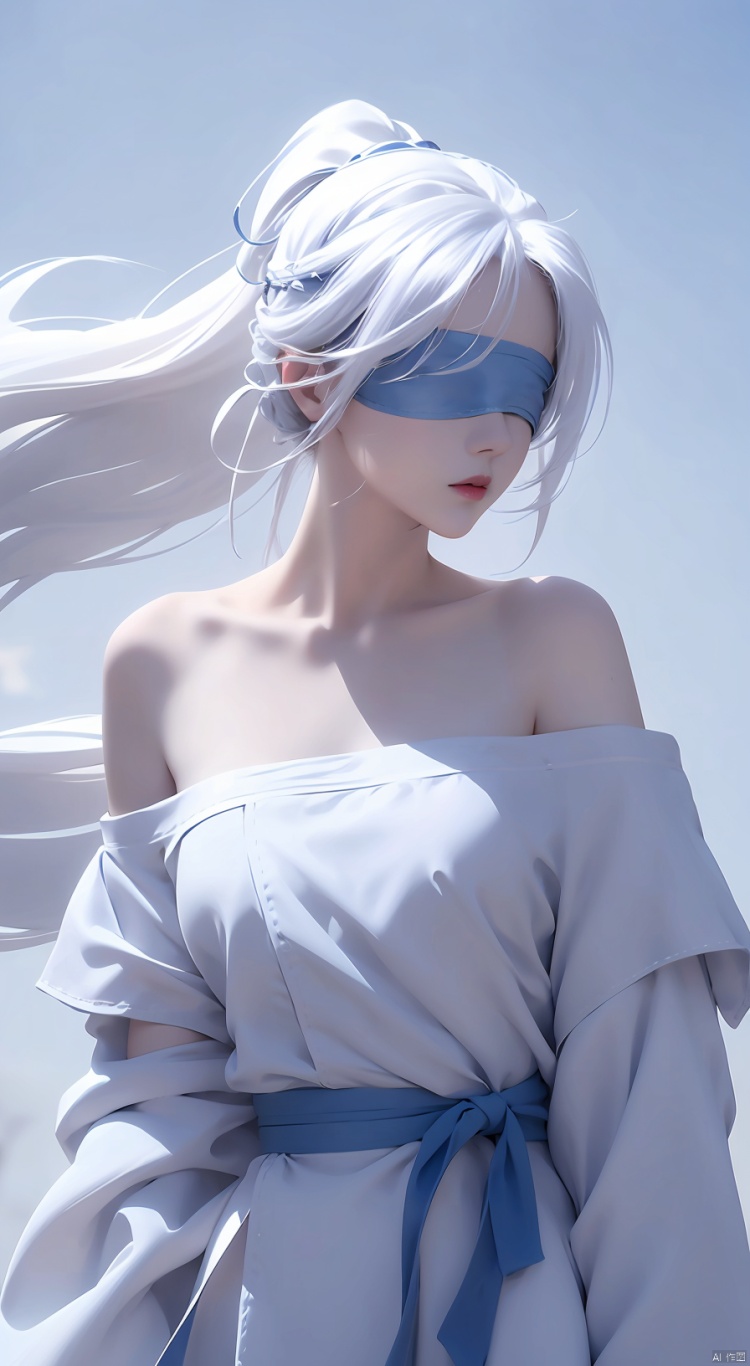  duotone white and blue,1girl,Long hair, ponytail, white hair,(blindfold),The wind blows, close-up,Off Shoulder
