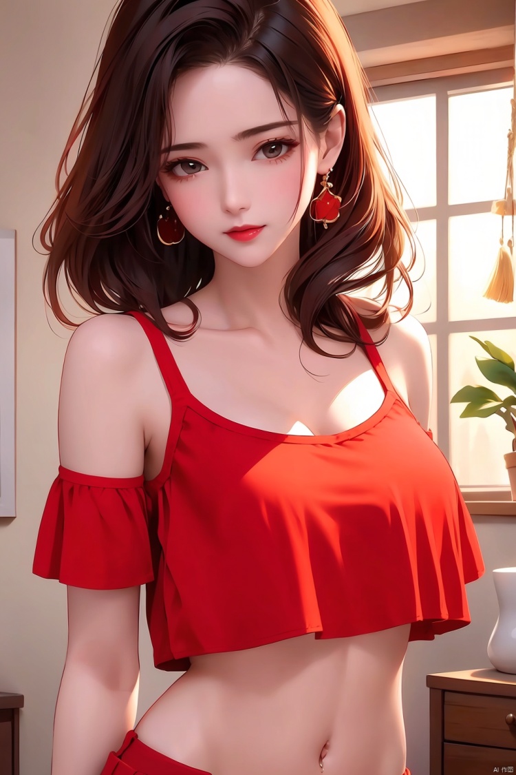  1 girl, red camisole,navel,Upper bodyr,earrings