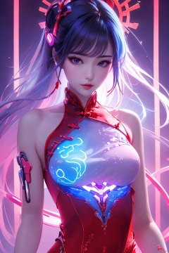  1girl,(chinese dress:1.2),glowing,lneon lamp,deformad neon light,cyborg
