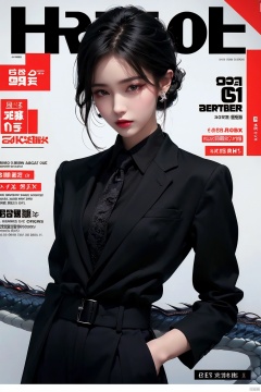  magazine, (cover-style:1.1), fashionable, vibrant, outfit, posing, front, colorful, solo, looking at viewer, shirt,((1girl)), (eastern dragon:1.5),white shirt,necktie, collared shirt, pants, black pants, formal, suit, black necktie, watch, black suit,Visual impact,A shot with tension,(upper body:1.0),cold attitude, Ear stud,tattoo,
