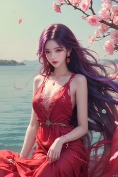  1 girl,long hair,many flowers,red dress,petal,branch, ((colorful hair)), chest, necklace, pink dress, earrings, floating hair, jewelry, sleeveless, very long hair,Looking at the observer,