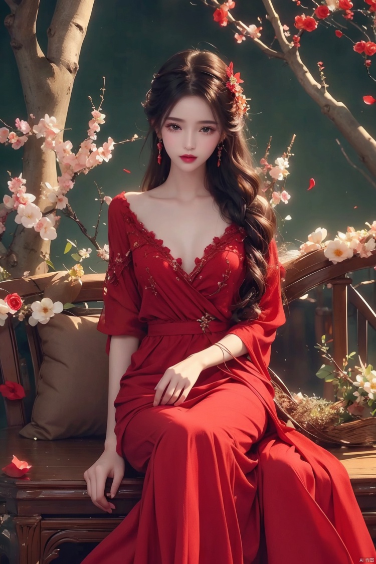 1 girl,long hair,many flowers,red dress,petal,branch
