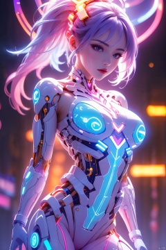  1girl,glowing,cyborg, energy,evening,fire,magic,Neon lights, blurry background