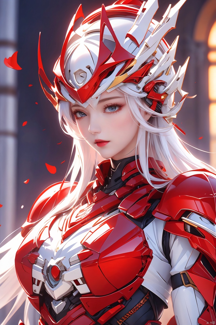  1 girl, red armor,half body,white hair,helmet