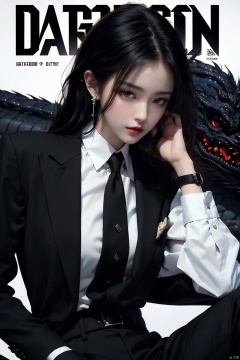  ((1girl)),(eastern dragon:1.5),fashionable, vibrant, outfit, posing, front, colorful, solo, looking at viewer, shirt,white shirt,necktie, collared shirt, pants, black pants, formal, suit, black necktie, watch, black suit,Visual impact,A shot with tension,(upper body:1.0),cold attitude, Ear stud,tattoo,(cover-style:1.1),

