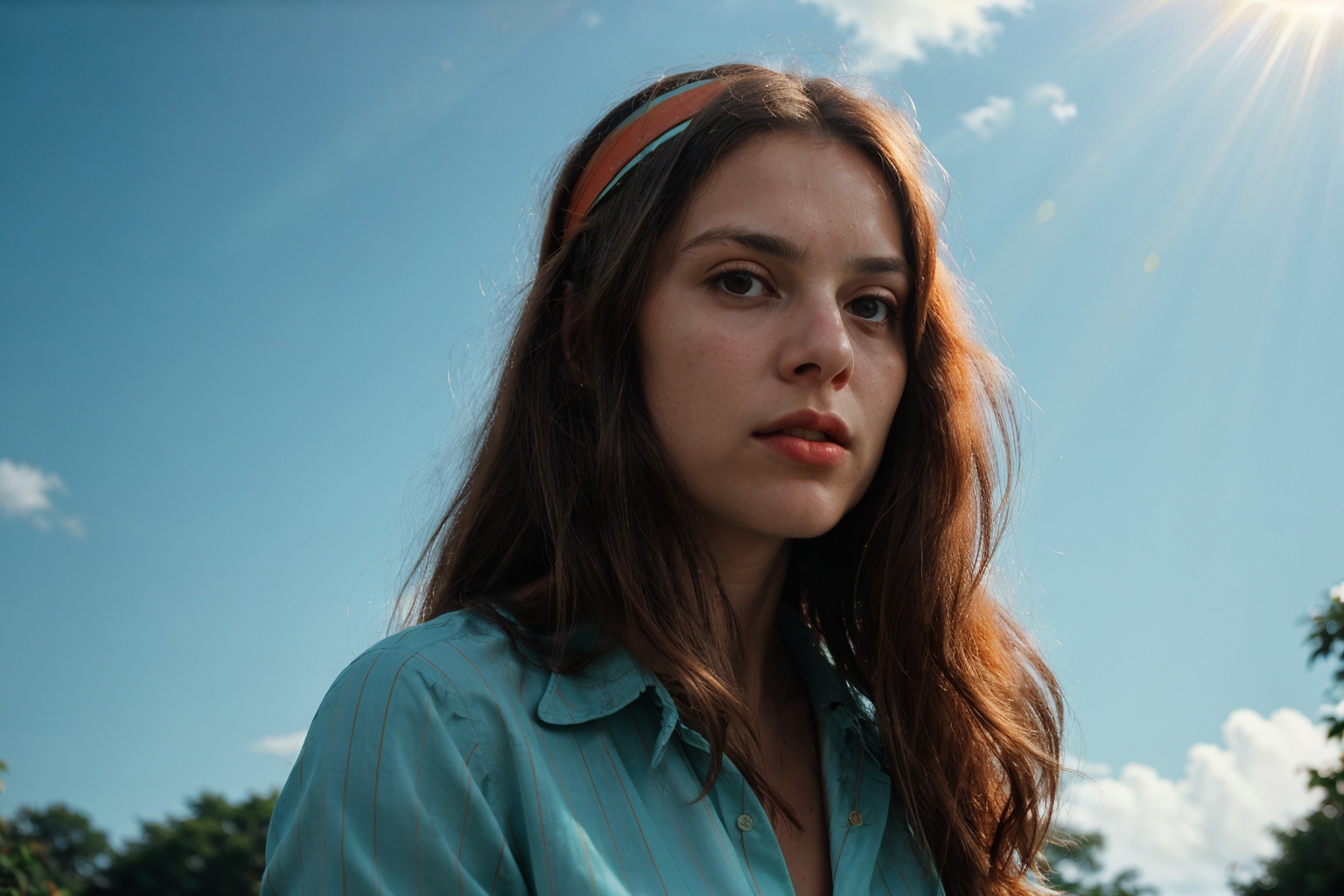 (realistic cinematic) portrait of a 70s casual dress beautiful italian women long hair,  expressionless,  headband on Tens...