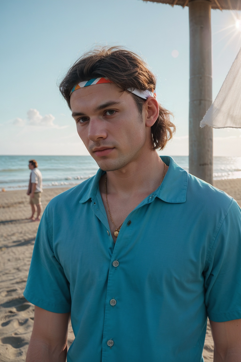 Minimalistic portrait of a 70s casual dress men at beach,  expressionless,  headband on Tensor.Art