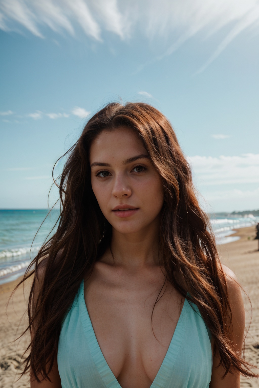 Realistic photography ,  Beautiful Female Long hair ,  beach on Tensor.Art