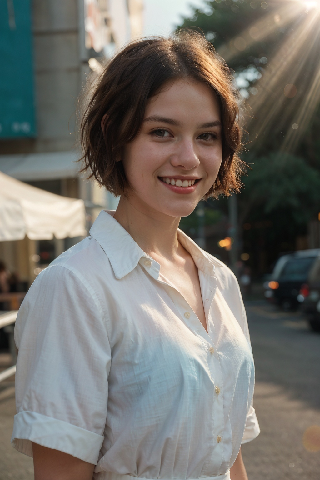 (realistic cinematic) portrait at nightlife of a 70s casual dress beautiful women 20 years old short hairstyles,  smile ex...