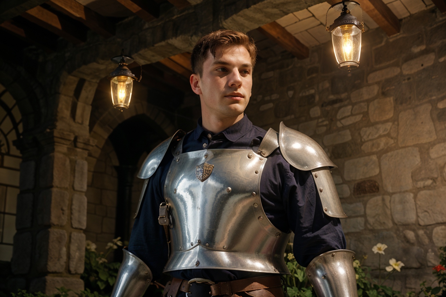 20 year old buff boy. gothic vibe. wears (steel knight medieval armour). location is (Medieval castle garden),  ceiling lo...
