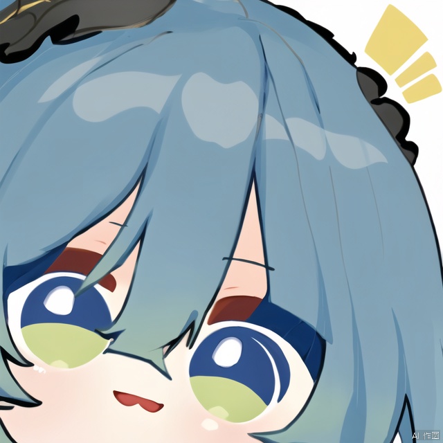 close-up, 1girl, solo, bangs, looking at viewer, yellow eyes, hair between eyes, smile, blue hair, open mouth, simple background, portrait, white background, chibi
