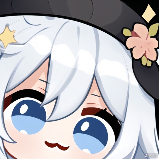 close-up, 1girl, hat, blue eyes, :3, solo, white hair, looking at viewer, bangs, flower, chibi, smile, blue headwear, closed mouth, long hair, hair between eyes