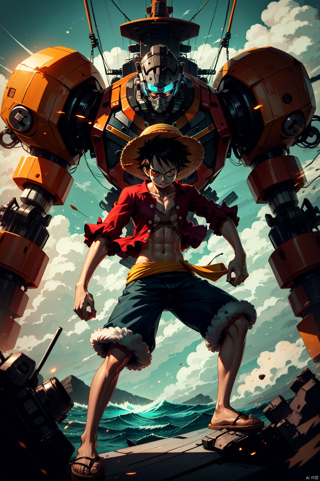  A boy, black hair, glow, Mech, slippers, dynamic pose, Cyberpunk, green background, Luffy, straw hat, pirate ship, boundless ocean