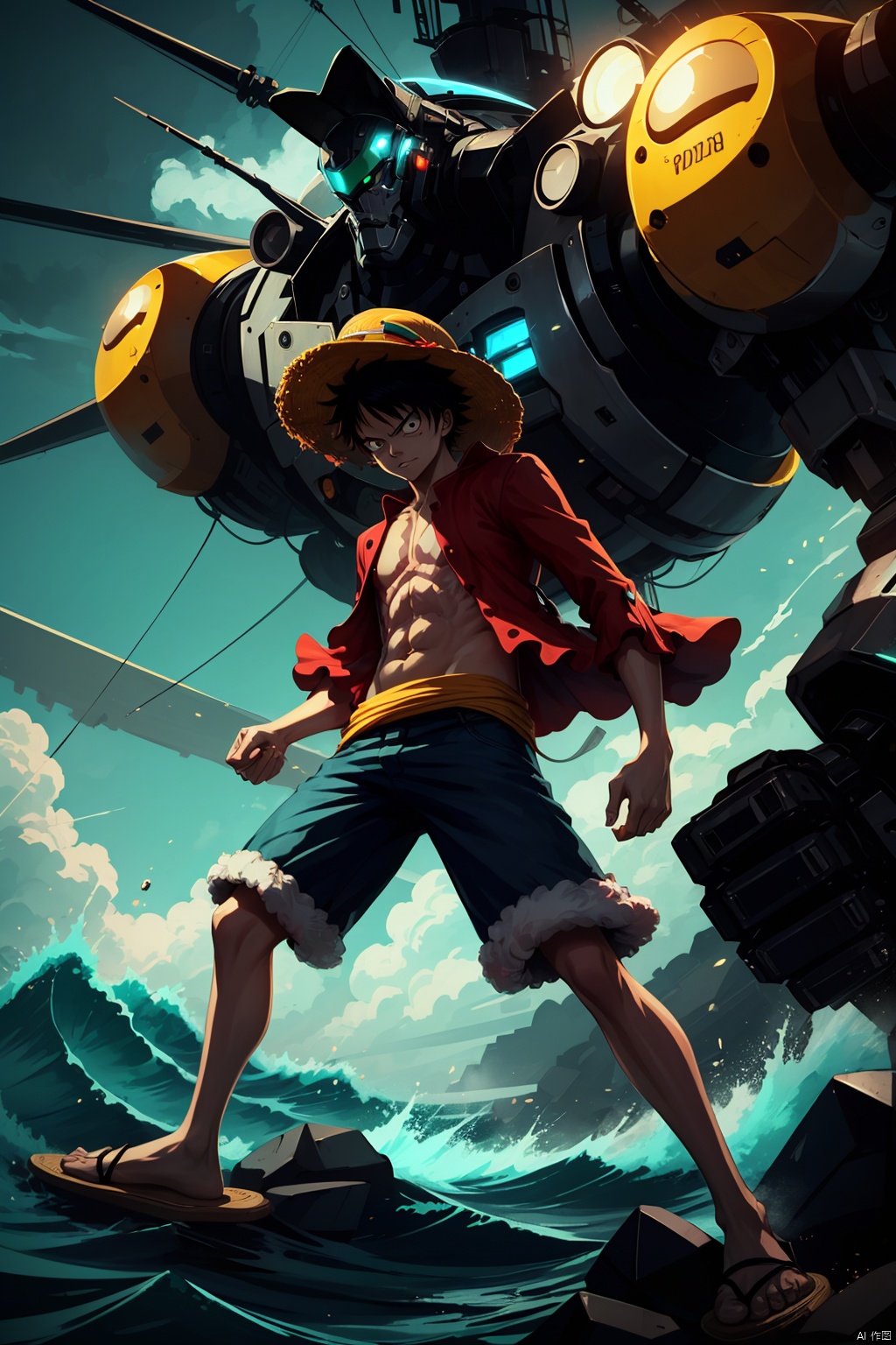  A boy, black hair, glow, Mech, slippers, dynamic pose, Cyberpunk, green background, Luffy, straw hat, pirate ship, boundless ocean