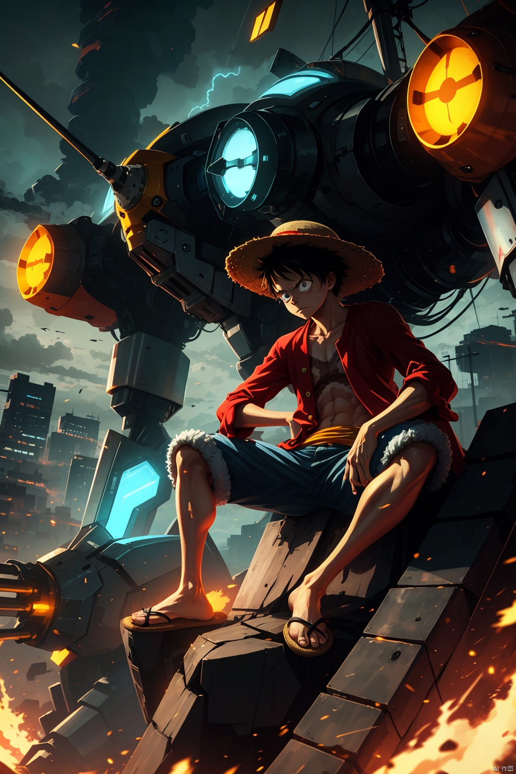 Luffy,1 boy, straw hat,
Black hair, city, glow, Mech, slippers, sit, boat, Glow particle, Lightning, scar, HD, 16k best quality, poster