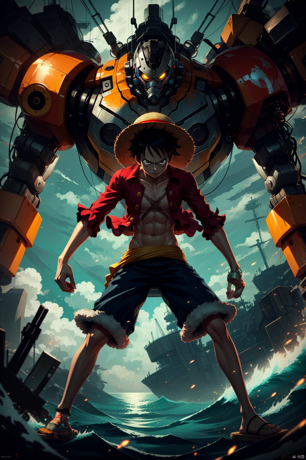  A boy, black hair, glow, Mech, slippers, dynamic pose, Cyberpunk, green background, Luffy, straw hat, pirate ship, boundless ocean