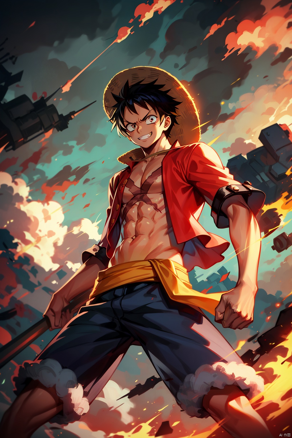  Monkey d. luffy, 1boy,abs,black hair,blurry,cloud,cloudy sky,fire,glowing,grin,male focus,muscular,sky,smile,solo,spiked hair,teeth, masterpiece
