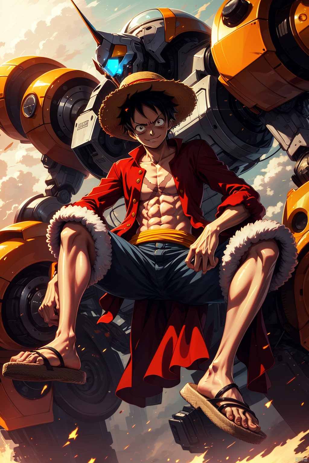 Boy, fire, fur decoration, Mechanical, Male focus, Mech, Monkey d. luffy, open clothes, Robot, sandals, shorts, sit, smile, straw hat, HD, 32k, Masterpiece, Best quality, Lightning, ability, floating particles
