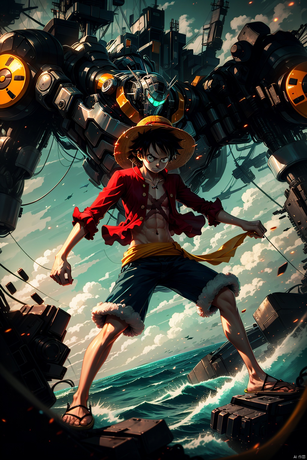  A boy, black hair, glow, Mech, slippers, dynamic pose, Cyberpunk, green background, Luffy, straw hat, pirate ship, boundless ocean