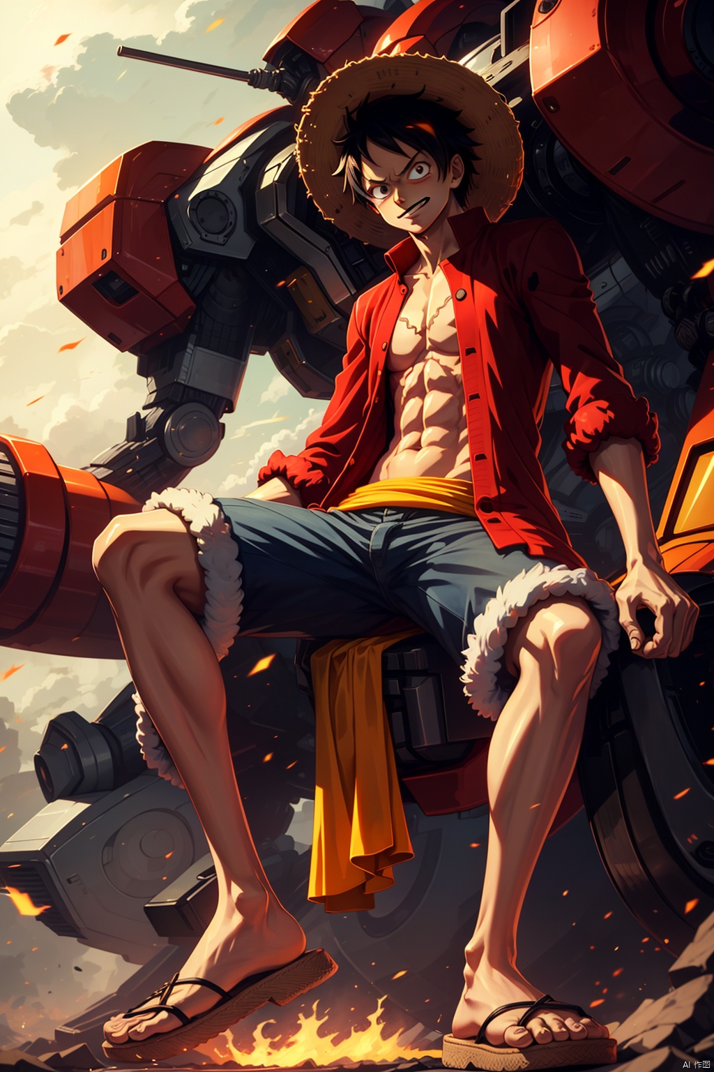 Boy, fire, fur decoration, Mechanical, Male focus, Mech, Monkey d. luffy, open clothes, Robot, sandals, shorts, sit, smile, straw hat, HD, 32k, Masterpiece, Best quality, Lightning, ability, floating particles