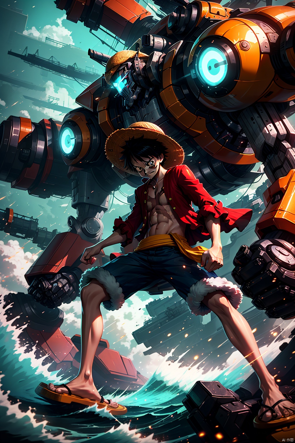  A boy, black hair, glow, Mech, slippers, dynamic pose, Cyberpunk, green background, Luffy, straw hat, pirate ship, boundless ocean