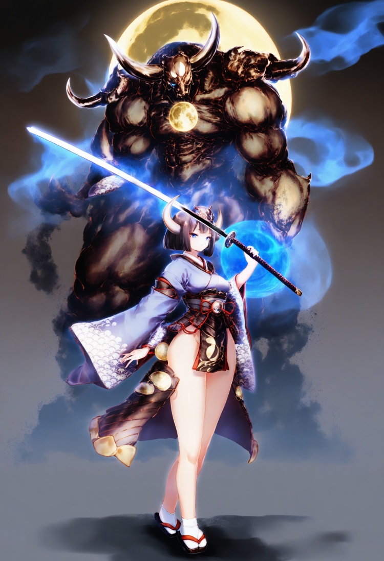 masterpiece, best quality <lora:sd_xl_dpo_lora_v1-128dim:1>1girl, weapon, sword, katana, holding sword, holding weapon, horns, holding, armor, wide sleeves, japanese clothes, glowing, standing, japanese armor, monster, long sleeves, blue fire, fire, moon, tabi, demon ,<lora:maboXLlokr4f-000072:1>