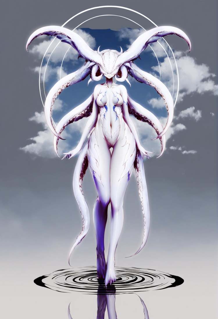 masterpiece, best quality <lora:sd_xl_dpo_lora_v1-128dim:1>1girl, solo, breasts, full body, monster girl, colored skin, covered eyes, wings, simple background, medium breasts, grey background, tentacles, facing viewer, standing, closed mouth, navel, blue skin, white skin  ,<lora:maboXLlokr4f-000072:1>reflection, solo, cloud, sky, blue sky, day, dress, outdoors, scenery, white dress, water, standing, cloudy sky, horizon, wide shot, ocean, from behind, reflective water, ripples 