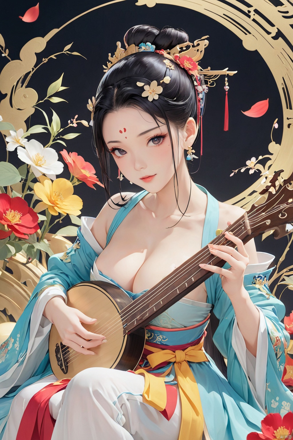  Illustration, digital art, anime style, masterpiece, best quality, official art, 1girl, solo, breasts, black hair, hair ornament, dress, cleavage, medium breasts, sitting, flower, hair flower, hair bun, petals, facial mark, chinese clothes, instrument, forehead mark, music, playing instrument, holding instrument, hanfu, lute \(instrument\)