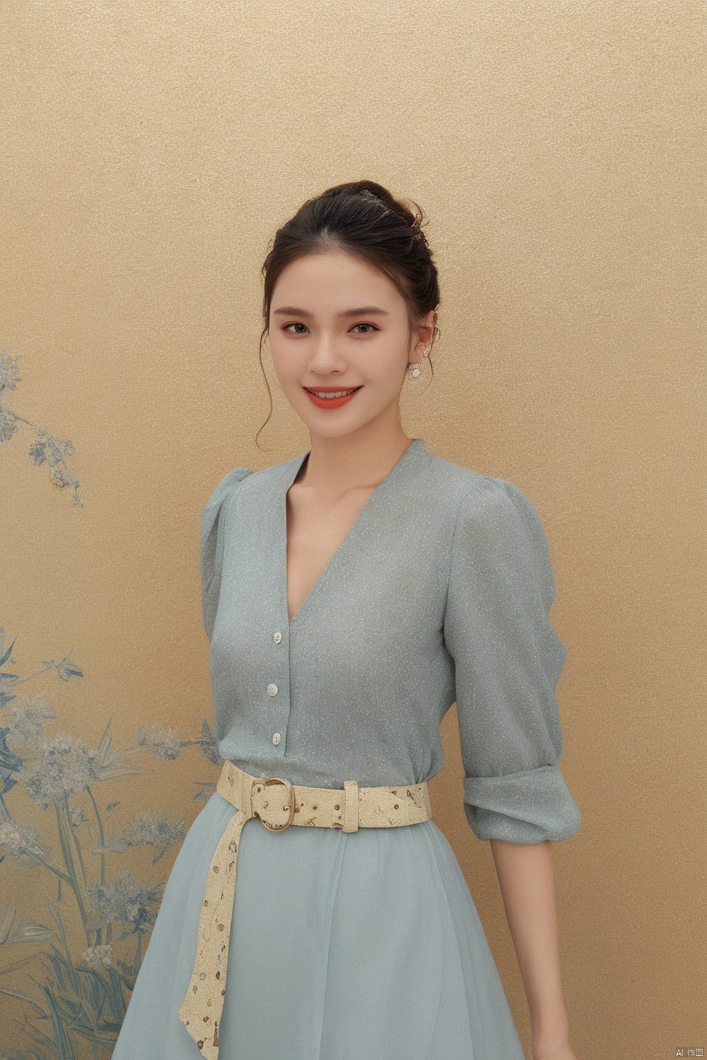  8k, Best Quality, Masterpiece, Super Detail, High Detail skin, Pointillism, Van Gogh style, illustration,1girl,solo,smile, Dynamic pose, upper body, Dynamic clothes,
high fashion photo shoot, Delicate belt, Dynamic background,