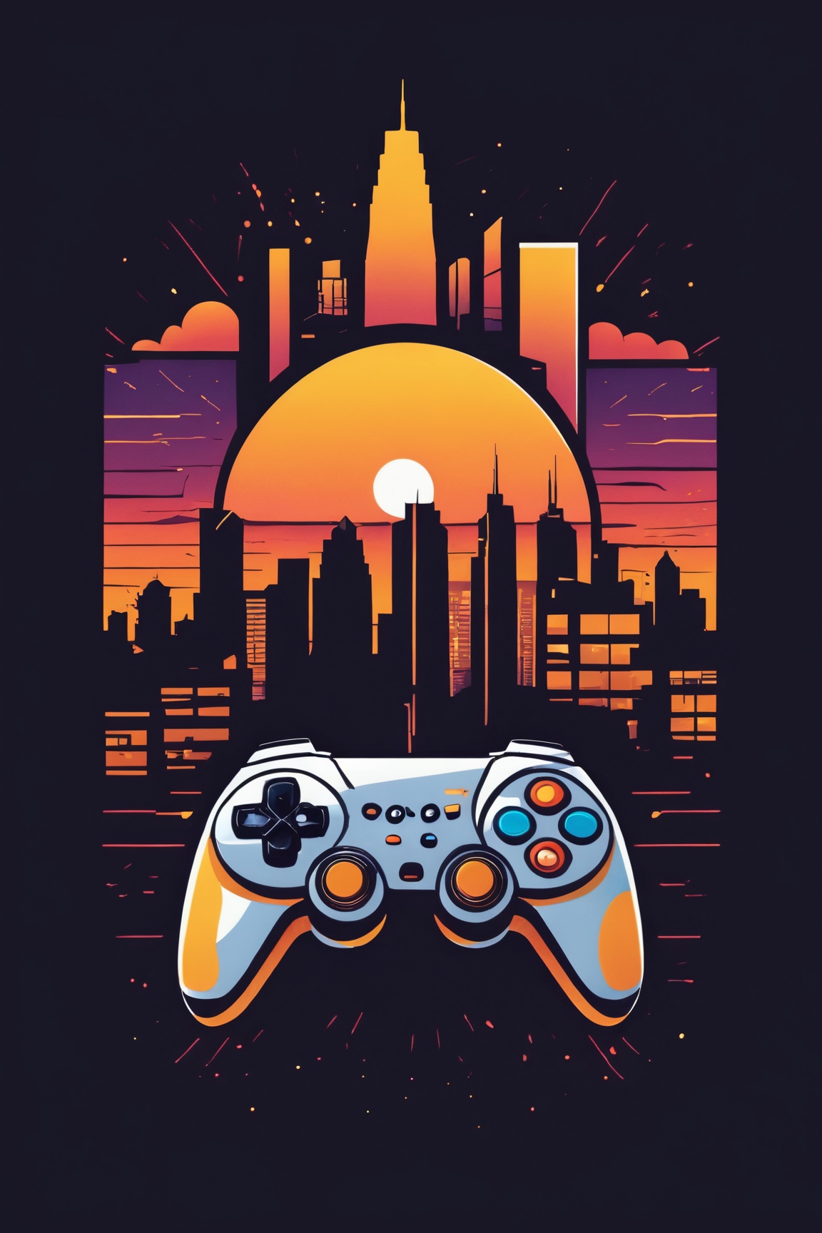 (best quality, 4k, 8k, highres, masterpiece:1.2), ultra-detailed,T-shirt design,illustration, a poster of a video game controller in front of a city skyline with a sunset,vector illustration,black background