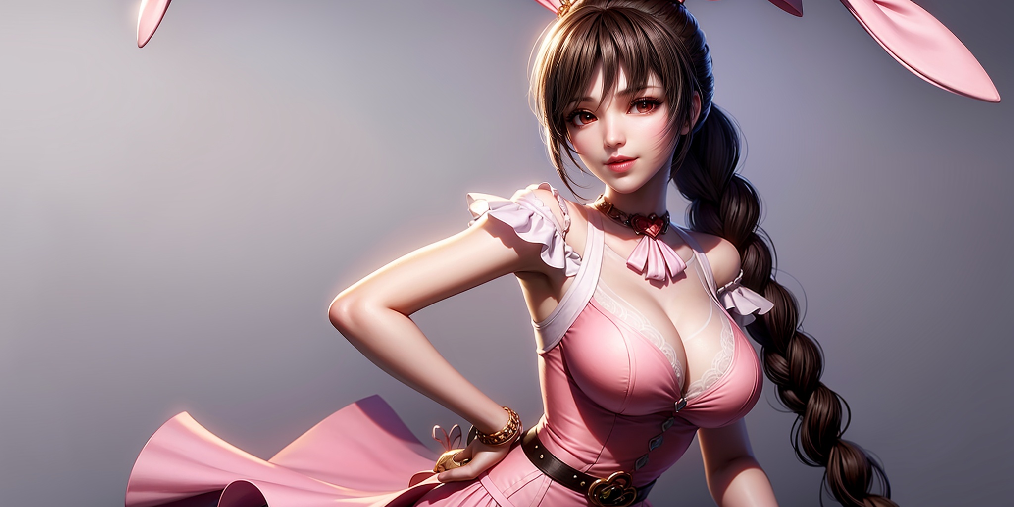 solo,masterpiece,best quality,illustration,anime,simple background,white background,on_stomach,sexy posture,upper_body,xiaowu,1girl,rabbit ears,braid,brown hair,pink dress,smile,jewelry,hair ornament,looking at viewer,very long hair,skirt,belt,ponytail,heart,braided ponytail,brown eyes,breasts,collar,<lora:xiaowu_20240229121607:0.7>,<lora:add_detail:1>,