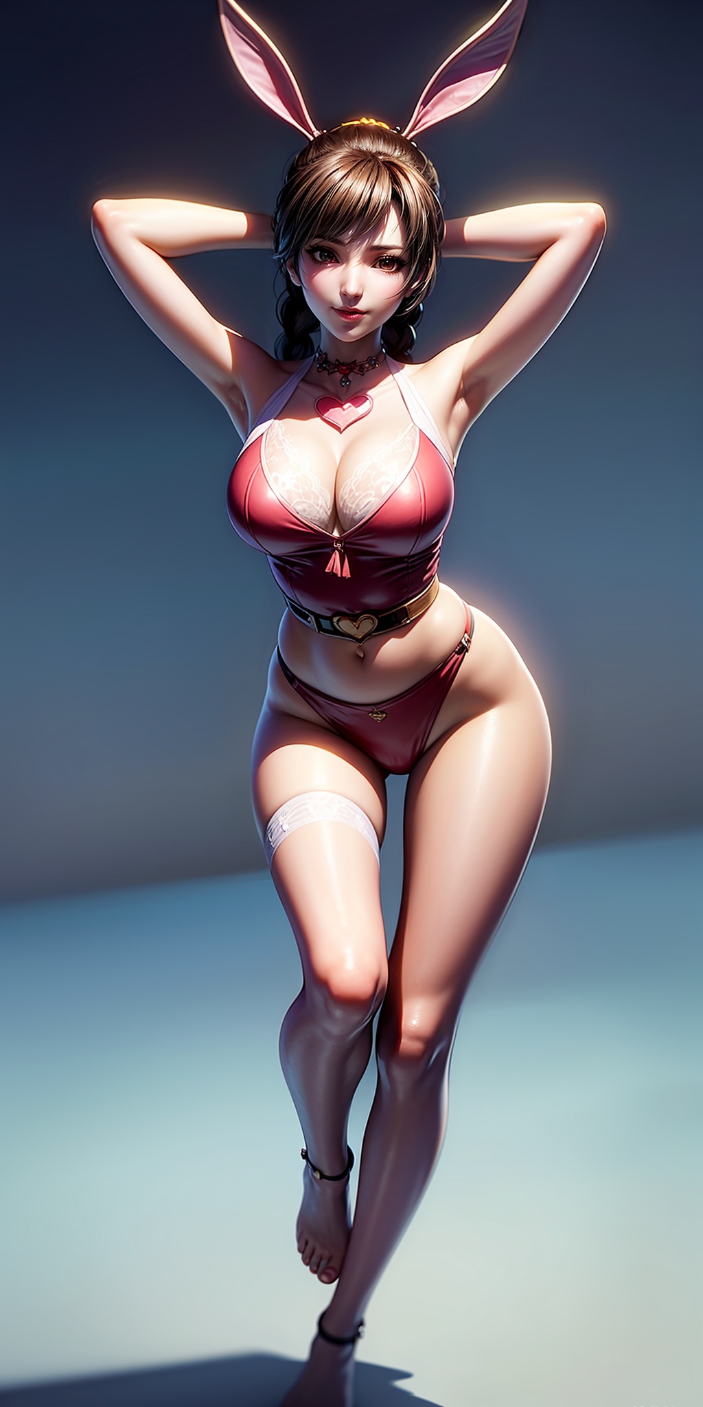 solo,masterpiece,best quality,illustration,anime,simple background,white background,sexy posture,xiaowu,1girl,rabbit ears,braid,brown hair,smile,jewelry,hair ornament,looking at viewer,very long hair,skirt,belt,ponytail,heart,braided ponytail,brown eyes,barefoot,breasts,collar,<lora:xiaowu_20240229121607:0.7>,<lora:add_detail:1>,highleg_swimsuit,